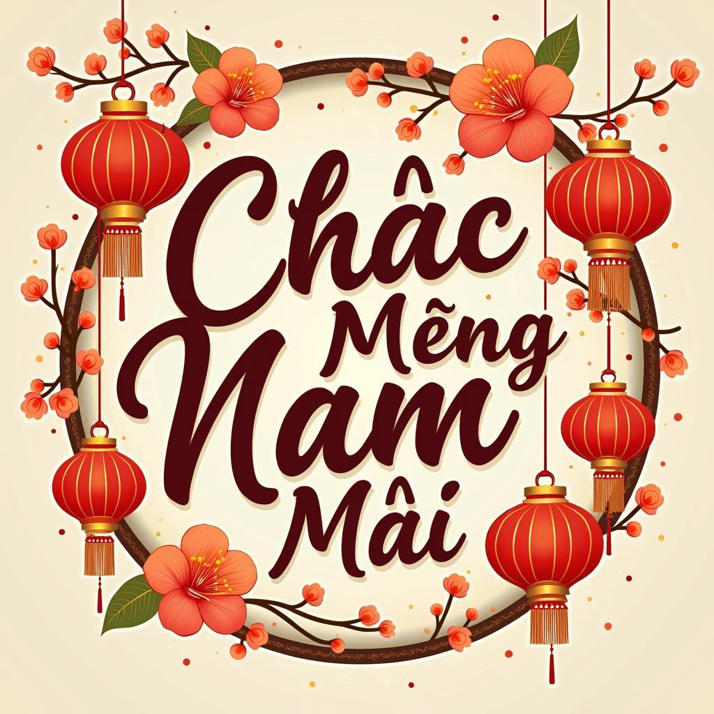 Hinh anh chu chuc mung nam moi vector voi hoa mai va den long ruc ro sac tet